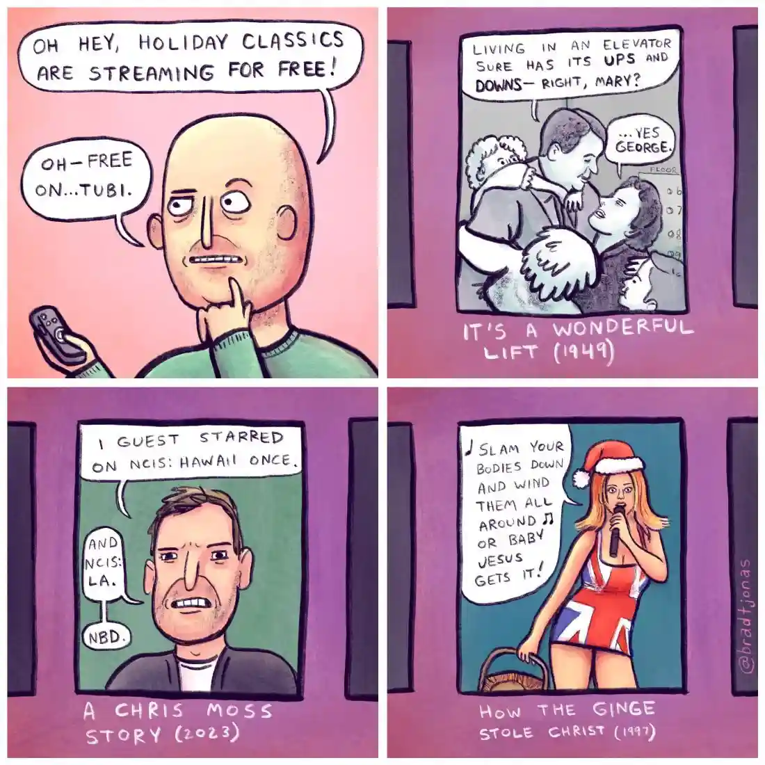 A four-panel comic strip parodying holiday movie streaming, showing a man excitedly discovering free classics on Tubi, then…
