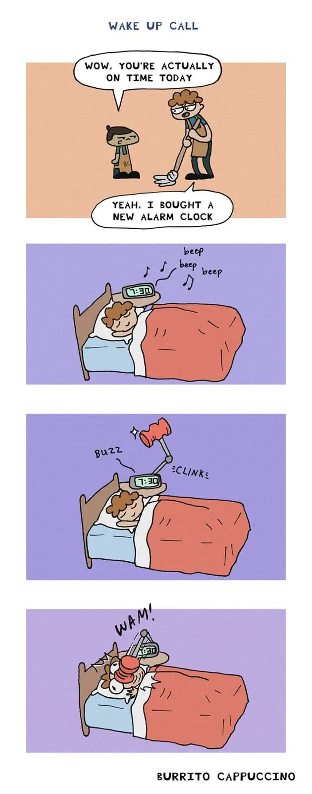 A four-panel comic strip titled 'WAKE UP CALL' shows a person proudly telling a coworker they're on time after buying a new…