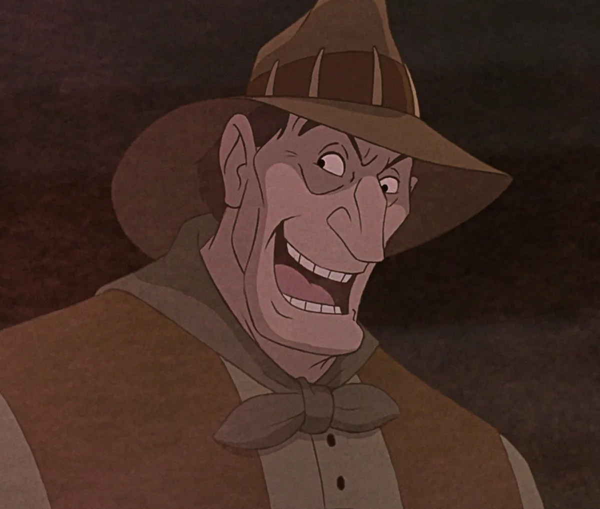 An animated character with a wide, toothy grin and a sinister expression, wearing a brown hat and vest with a bow tie, is…