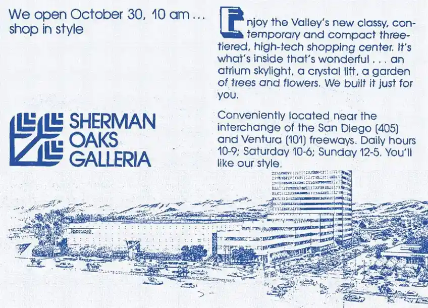 A vintage blue-and-white blueprint-style advertisement for Sherman Oaks Galleria, featuring a line drawing of the shopping…