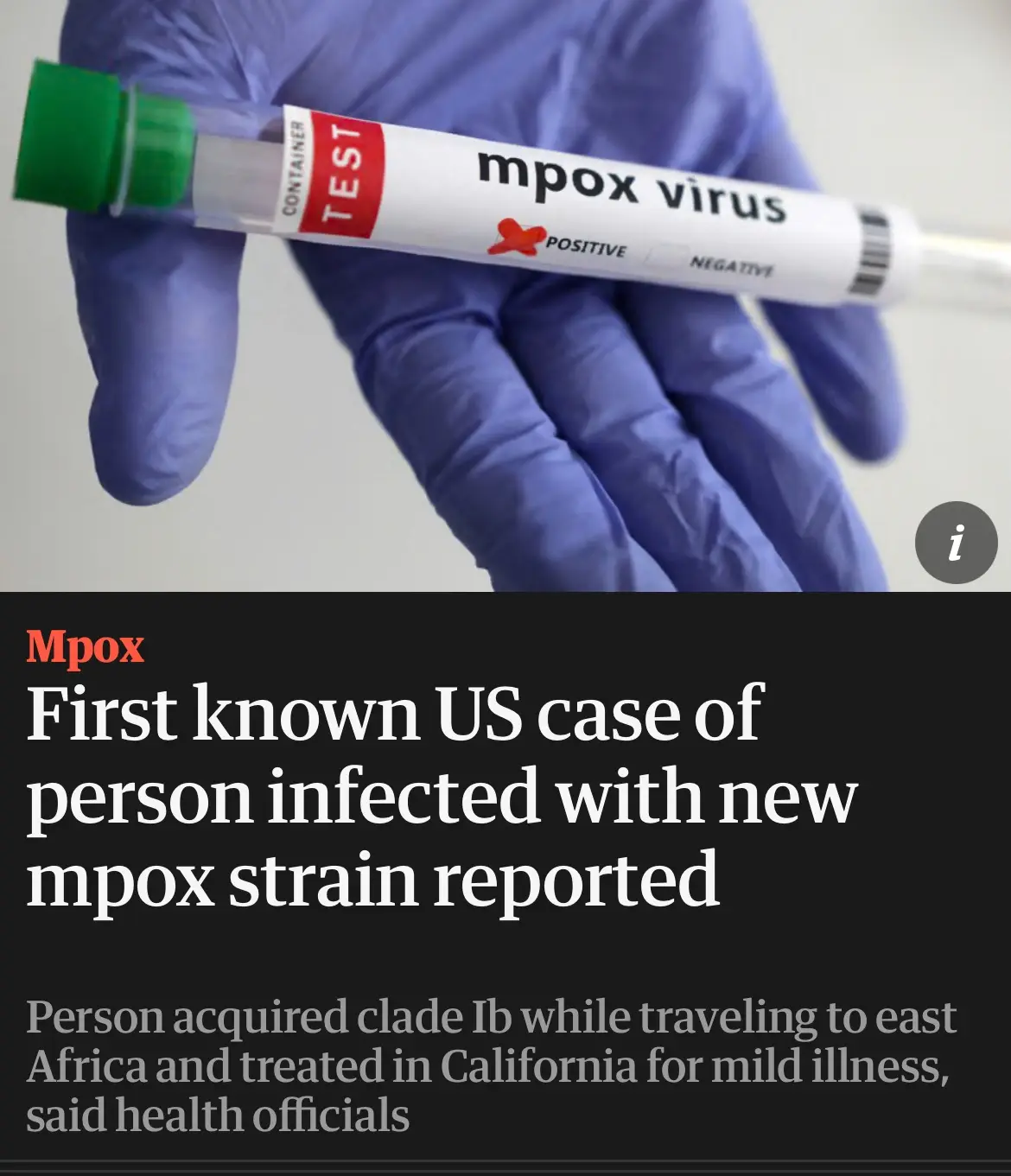 A gloved hand holds a test tube labeled 'mpox virus' with 'POSITIVE' marked in red. Below, a news headline reads 'Mpox…