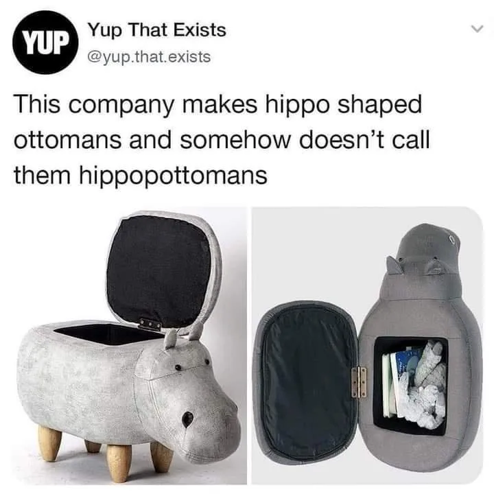 The image displays a grey, fabric-covered ottoman shaped like a hippopotamus with small wooden legs and a hinged lid. The…