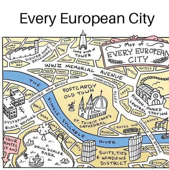 A hand-drawn map labeled 'Map of EVERY EUROPEAN CITY' humorously depicts a generic European city with absurdly stereotypical…