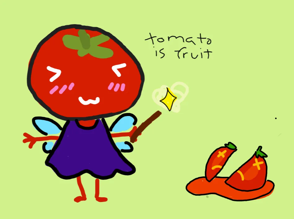 A cartoon tomato character with a purple dress and blue wings holds a magic wand, declaring 'tomato is fruit' as two sliced…