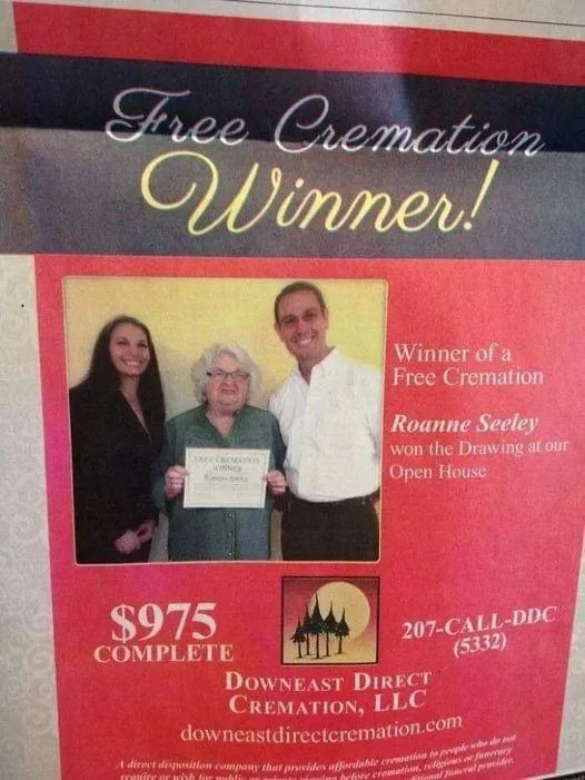 An advertisement for Downeast Direct Cremation, LLC, announcing Roanne Seeley as the 'Free Cremation Winner' from an open…