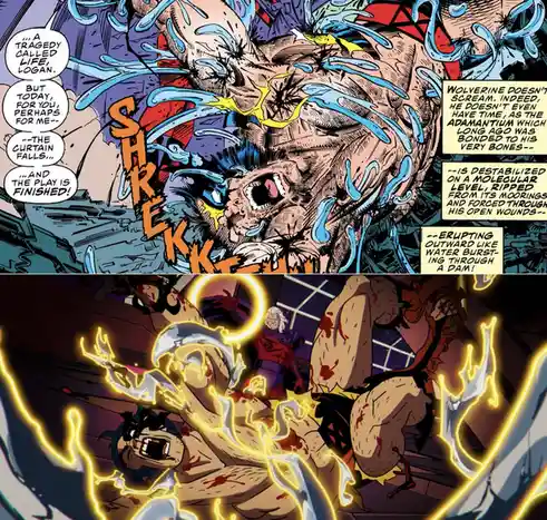The image is a two-panel comic strip featuring Wolverine. The top panel shows him in agony as blue adamantium melts from his…