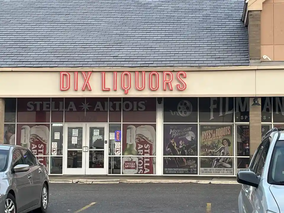 A storefront with a red neon sign reading 'DIX LIQUORS' above glass windows displaying 'STELLA ARTOIS' branding and movie…