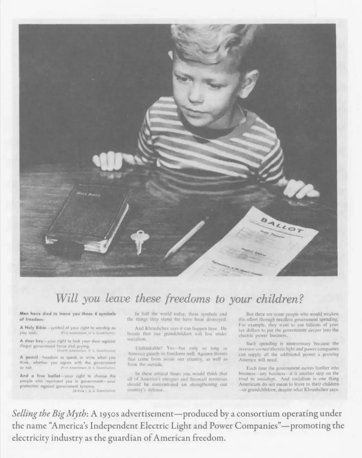 A vintage 1950s black-and-white advertisement shows a young boy sitting at a table with a Holy Bible, a door key, a pencil…