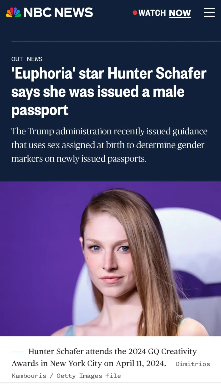 An NBC News article screenshot shows a photo of Hunter Schafer with the headline 'Euphoria' star Hunter Schafer says she was…