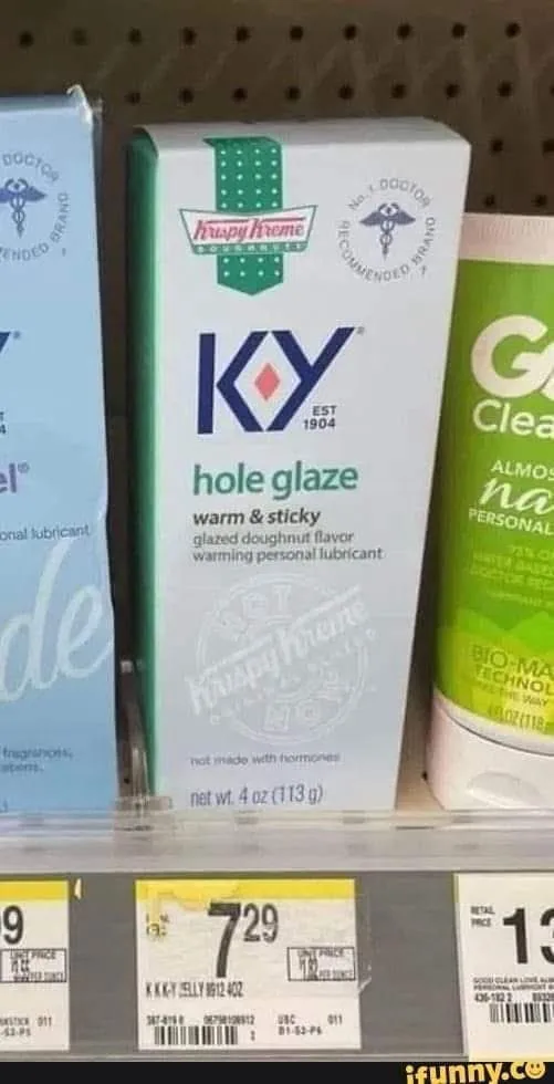 A store shelf displays personal lubricant products, with a central box of KY Jelly humorously rebranded as 'hole glaze' with…