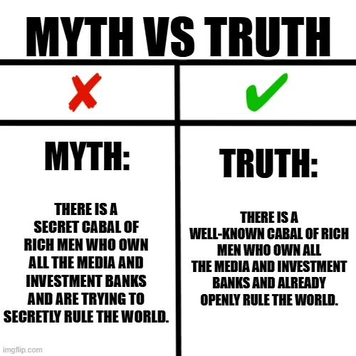A two-column, two-row grid titled 'MYTH VS TRUTH' compares a debunked conspiracy theory with a cynical reality. The left…
