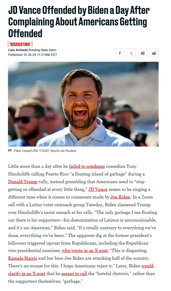 A screenshot of a news article with a photo of JD Vance smiling broadly, overlaid with the headline 'JD Vance Offended by…