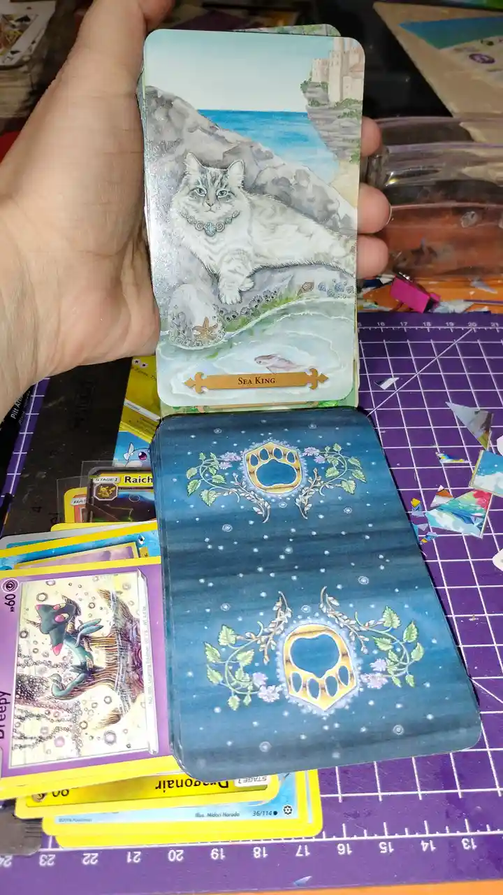 A hand holds a custom-made trading card featuring a majestic, fluffy cat wearing a jeweled collar, sitting on a rocky…