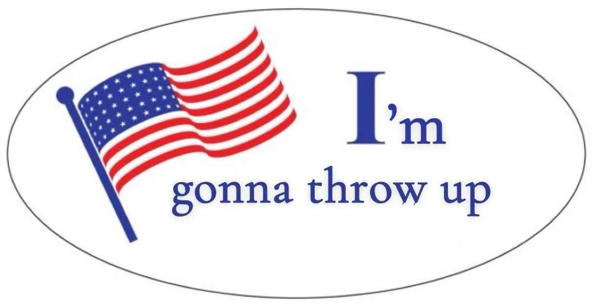 An oval sticker design features a stylized American flag waving on a pole on the left side, with the text 'I'm gonna throw…