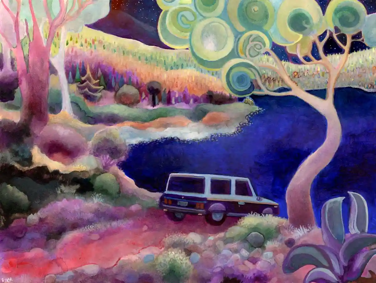 A surreal, colorful painting depicts a vintage station wagon parked beside a dark blue river in a dreamlike landscape with…