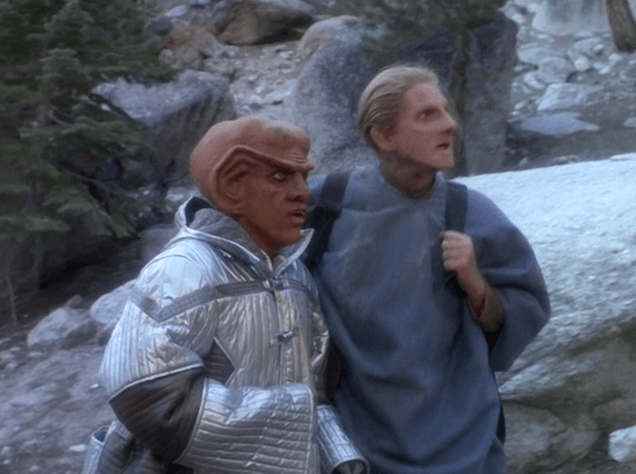 A six-panel meme from Star Trek: The Next Generation showing two characters hiking in snowy terrain. The text overlays read…
