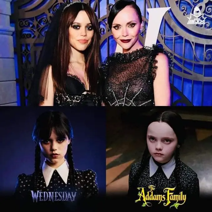 A four-panel image collage shows two women posing together in black formal wear at an event, with the top right corner…