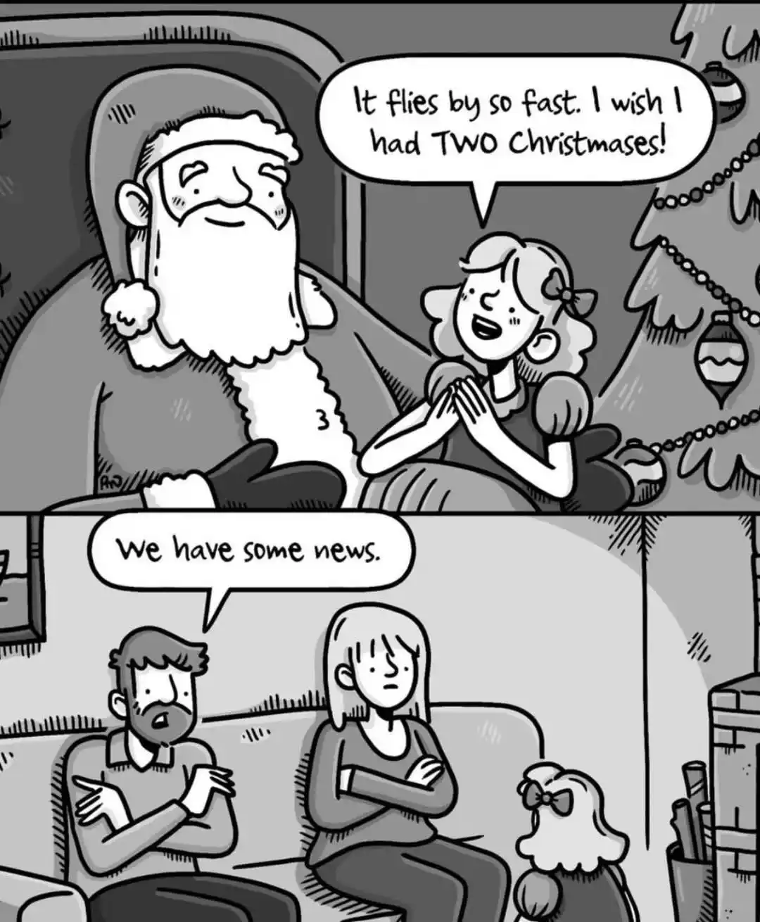 A two-panel black-and-white comic strip. The top panel shows Santa Claus and a young girl sitting on a couch near a…