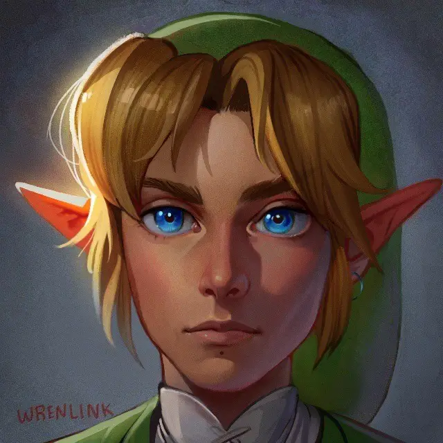 A digital portrait of the video game character Link from The Legend of Zelda, shown with his signature green tunic, pointed…