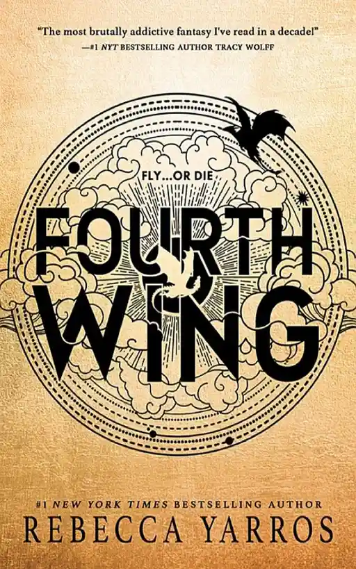 The image is the book cover for 'Fourth Wing' by Rebecca Yarros, featuring a circular design with clouds, a dragon…