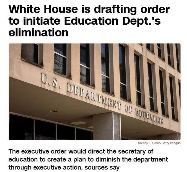 The image shows the exterior of the U.S. Department of Education building with its name engraved on the facade. Overlaid…