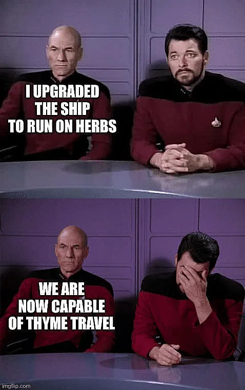 Two Star Trek characters sit at a table. In the top panel, the character on the left says 'I UPGRADED THE SHIP TO RUN ON…