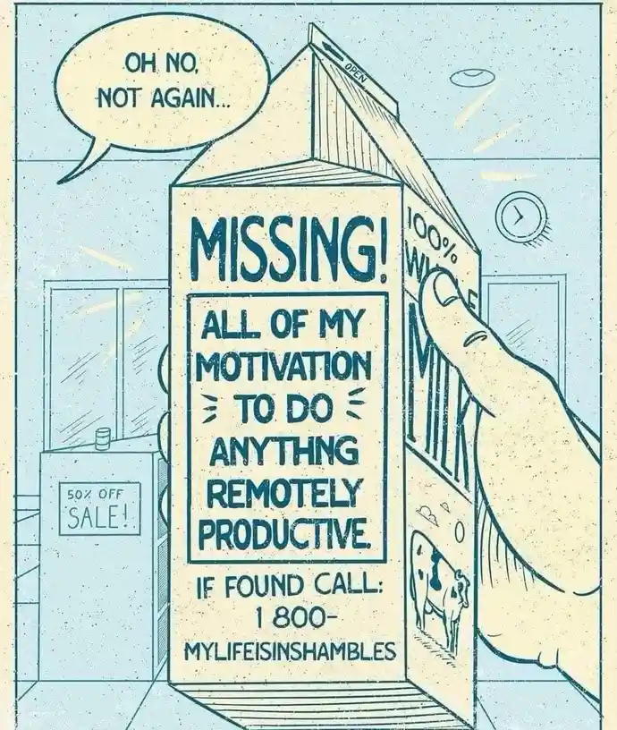 A cartoon-style illustration shows a hand holding a milk carton that has been repurposed as a 'MISSING' poster. The poster…