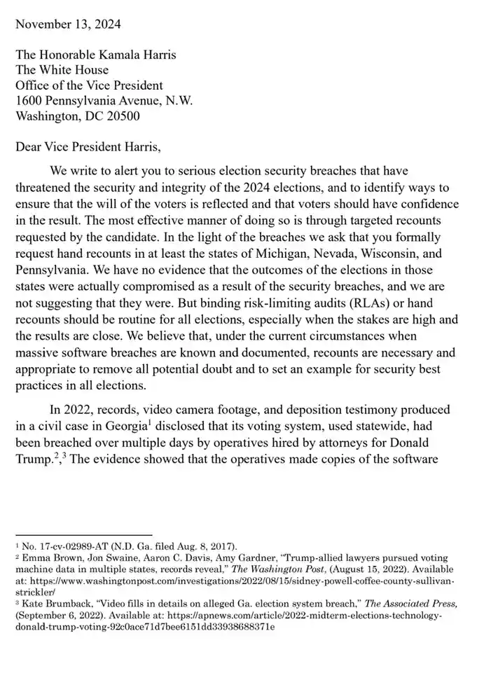The image displays a formal letter dated November 13, 2024, addressed to Vice President Kamala Harris at the White House…