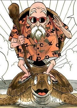An elderly man with a white beard, wearing red sunglasses and an orange shirt covered in letters, sits atop a large turtle…