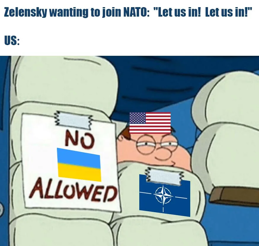 A cartoon image of Peter Griffin from Family Guy sitting in a chair with a sign that reads 'NO [Ukrainian flag] ALLOWED' and…