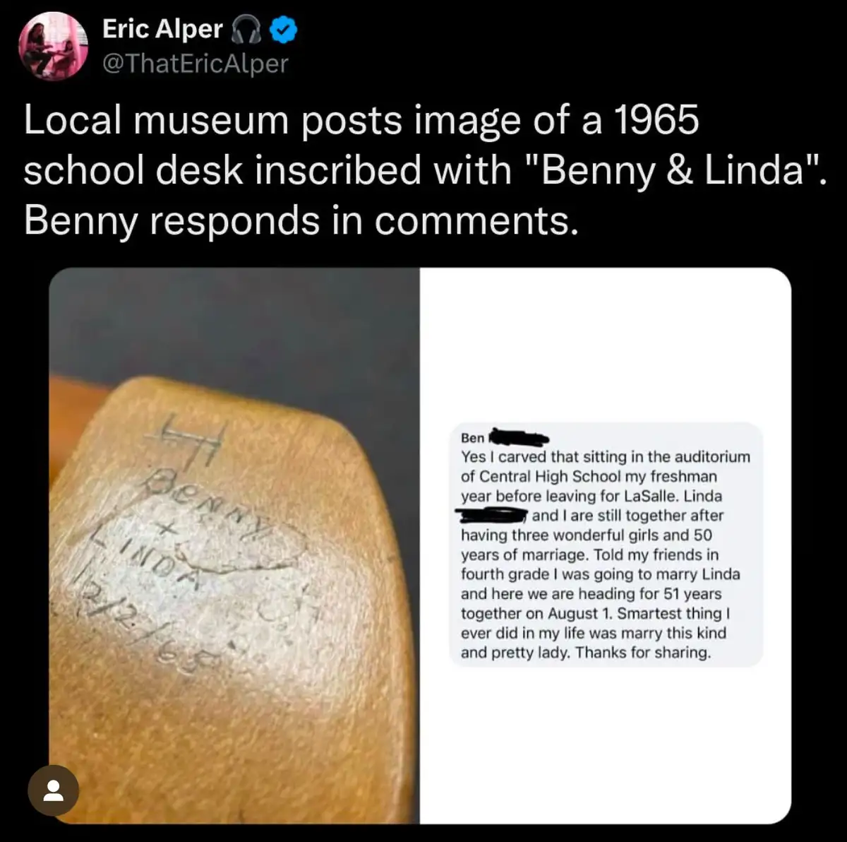 A split image shows a close-up of a wooden school desk corner with a carved inscription reading 'BENNY + LINDA 12/12/65'…