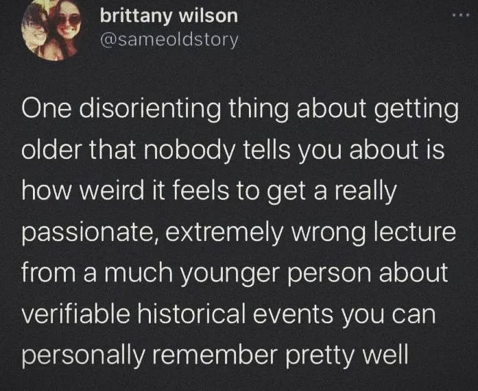 A screenshot of a tweet by brittany wilson (@sameoldstory) with white text on a dark background. The text reads: 'One…