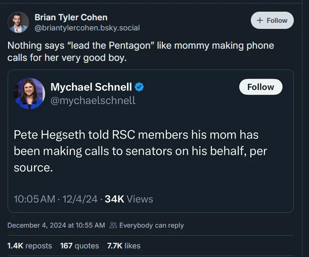 The image displays two social media posts. The top post by Brian Tyler Cohen reads, 'Nothing says "lead the Pentagon" like…