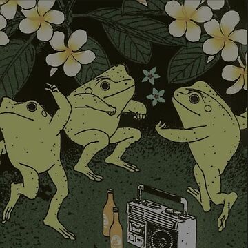 three cartoon frogs in olive green are dancing energetically around a vintage boombox and two beer bottles, set against a…