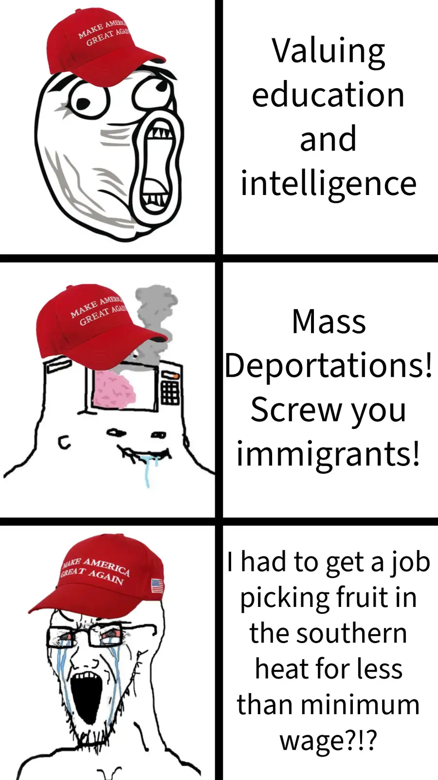 A three-panel meme featuring the 'Y U NO' template with a character wearing a 'Make America Great Again' hat. The first…