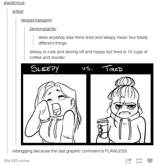 A black-and-white comic strip compares 'SLEEPY' and 'TIRED' with two cartoon women. The 'SLEEPY' woman on the left is…