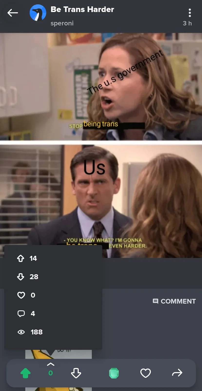 The image is a two-panel meme using scenes from 'The Office'. The top panel shows a woman labeled 'The u.s government'…