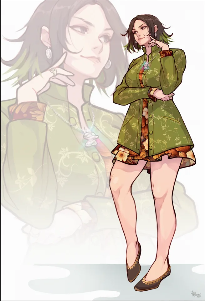 An anime-style illustration of a woman with dark hair and green highlights, wearing a green floral-patterned coat over a…