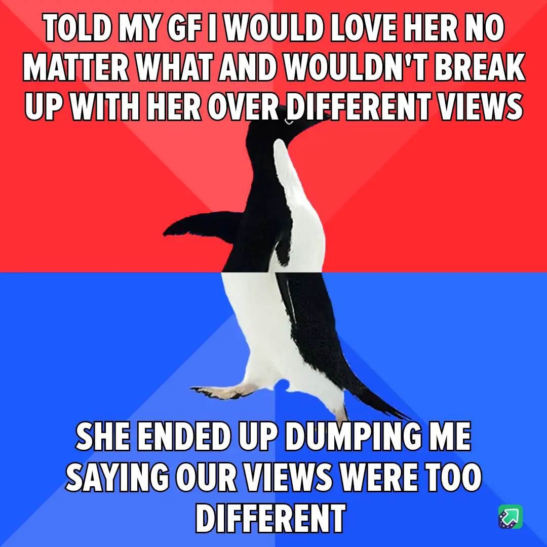 A penguin stands in the center of a red and blue background, with white text overlaid in two sections. The top text reads…