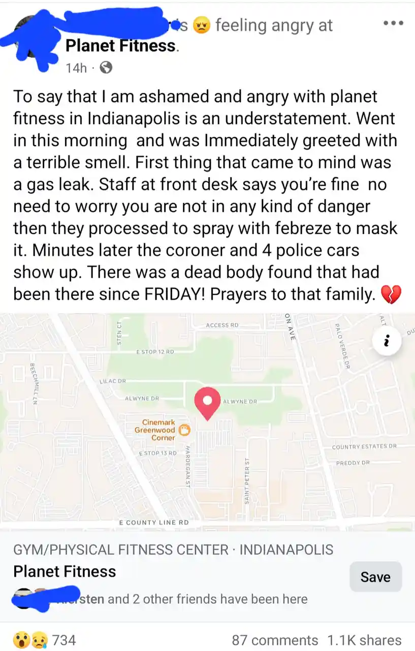 A screenshot of a Facebook post by a user whose name is obscured by a blue scribble, expressing outrage at Planet Fitness in…