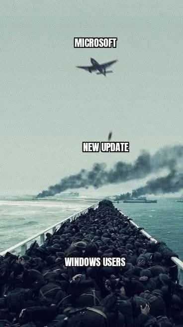 A crowded boat filled with people labeled 'WINDOWS USERS' is being pursued by a plane labeled 'MICROSOFT' dropping a bomb…