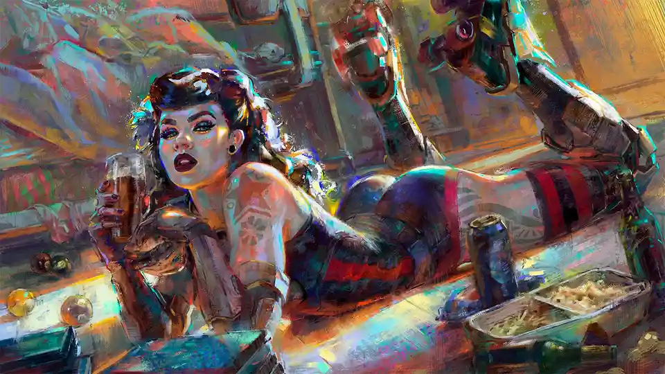 A stylized digital painting shows a woman with dark lipstick and tattoos lounging on a surface, holding a beer mug, while a…