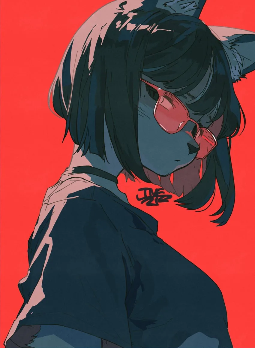 An anime-style illustration of a person with cat ears and a cat-like face, wearing red sunglasses and a dark shirt against a…