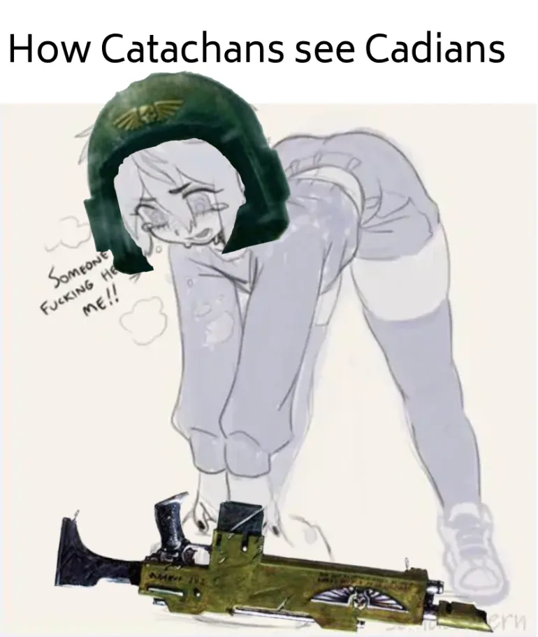 An anime-style drawing of a person in a green Catachan helmet, bent over in a state of extreme distress with a thought…