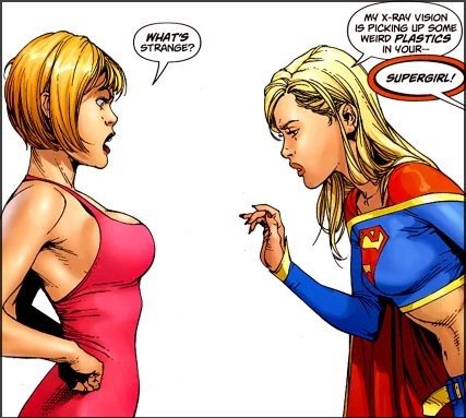 Two women face each other in a comic panel. The woman in the pink dress asks, 'WHAT'S STRANGE?' while the superhero…