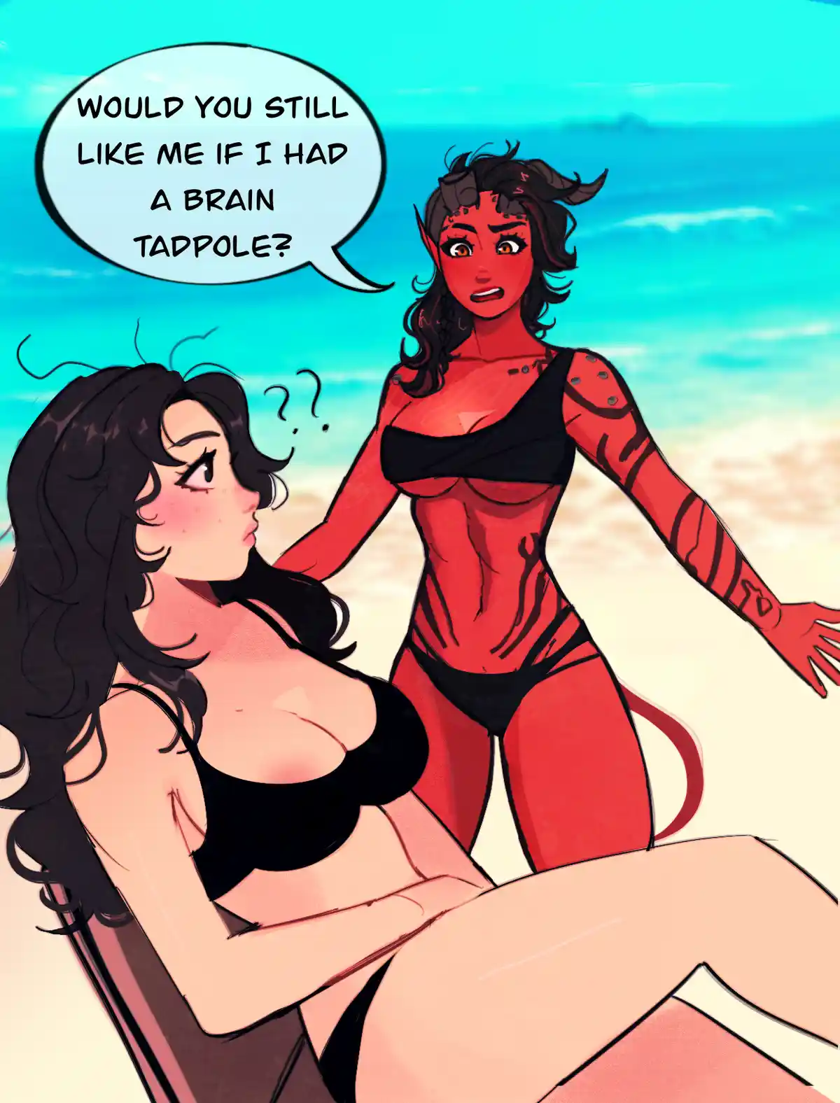 Two women are on a beach; one with red skin and horns stands asking the other, lounging in a black bikini, if she would…