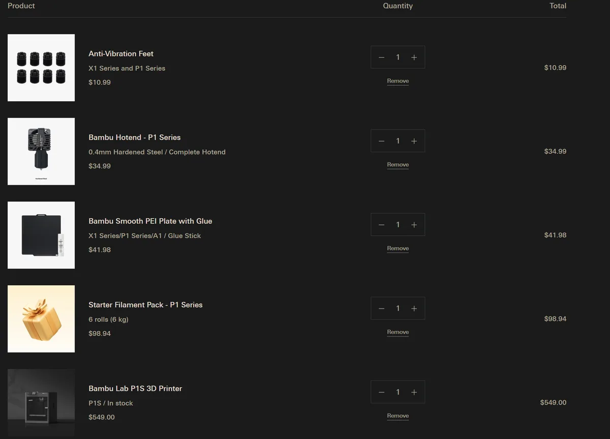 A dark-themed 3D printer shopping cart lists items including anti-vibration feet, a hotend, a PEI plate, filament, and…