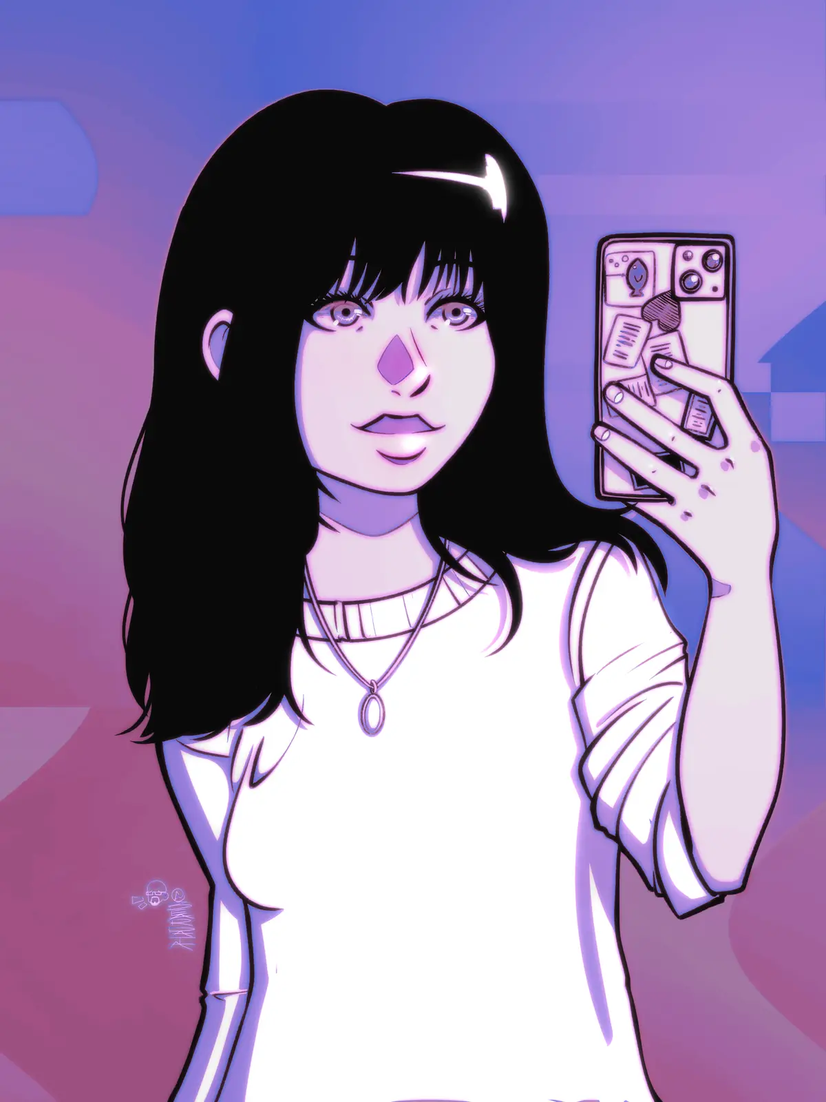 An anime-style illustration of a young woman with long black hair and a white top taking a selfie with her phone, which has…