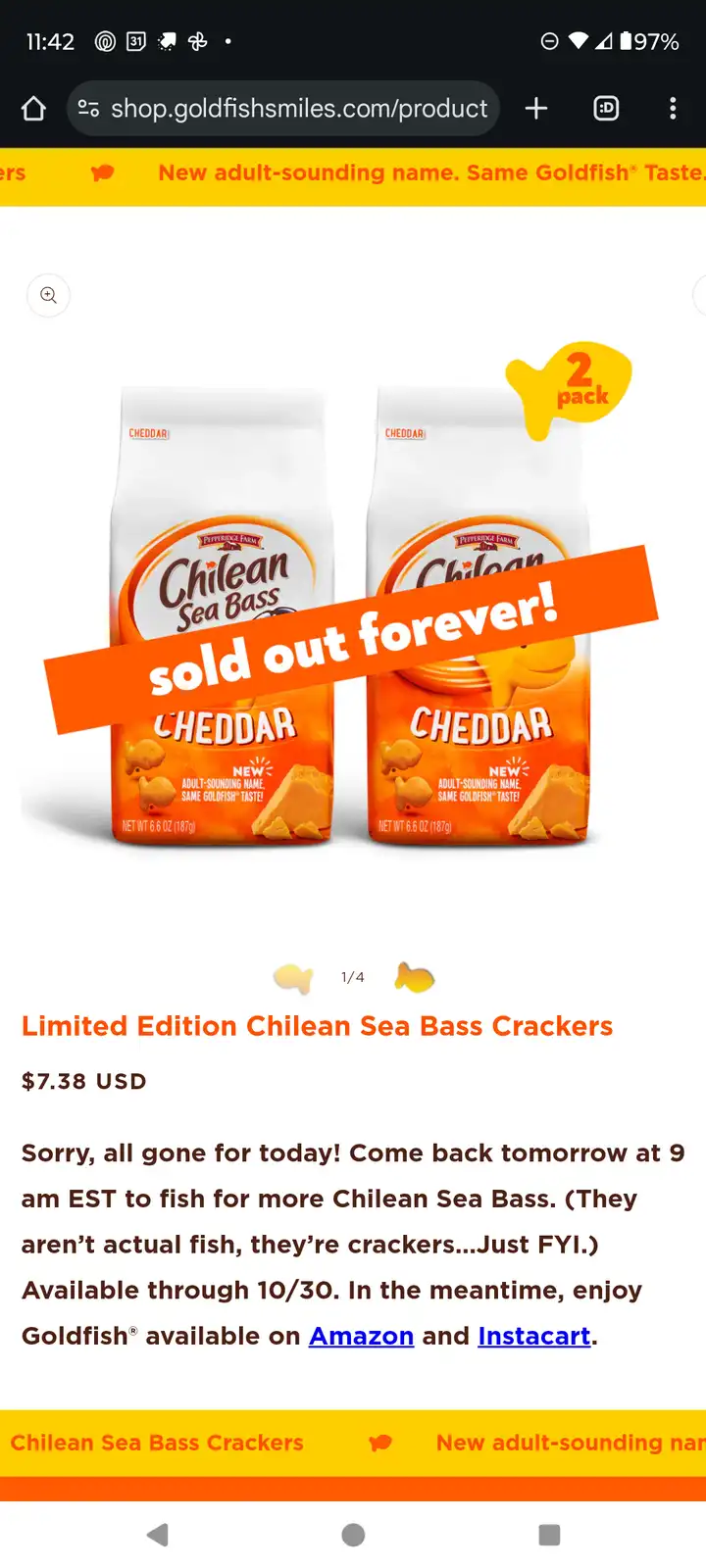 An online product page for Pepperidge Farm 'Chilean Sea Bass' cheddar crackers, showing two bags with an orange banner…