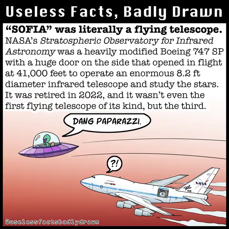 A cartoon depicts a UFO with a green alien pilot flying near a NASA SOFIA aircraft, which has a large door open on its side…